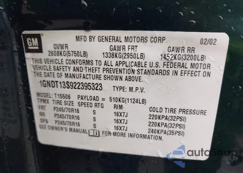 2002 Chevrolet Trailblazer Ls from USA, damaged, VIN 1GNDT13S922395323